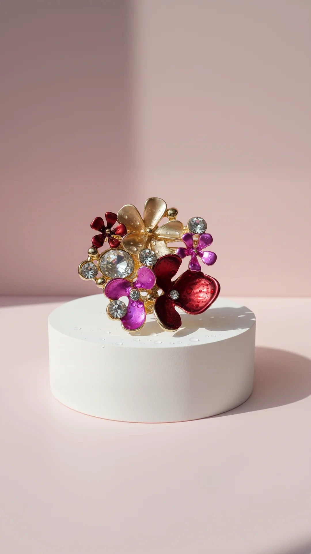 Floral multicolor brooch displayed on a white base against a pink background.