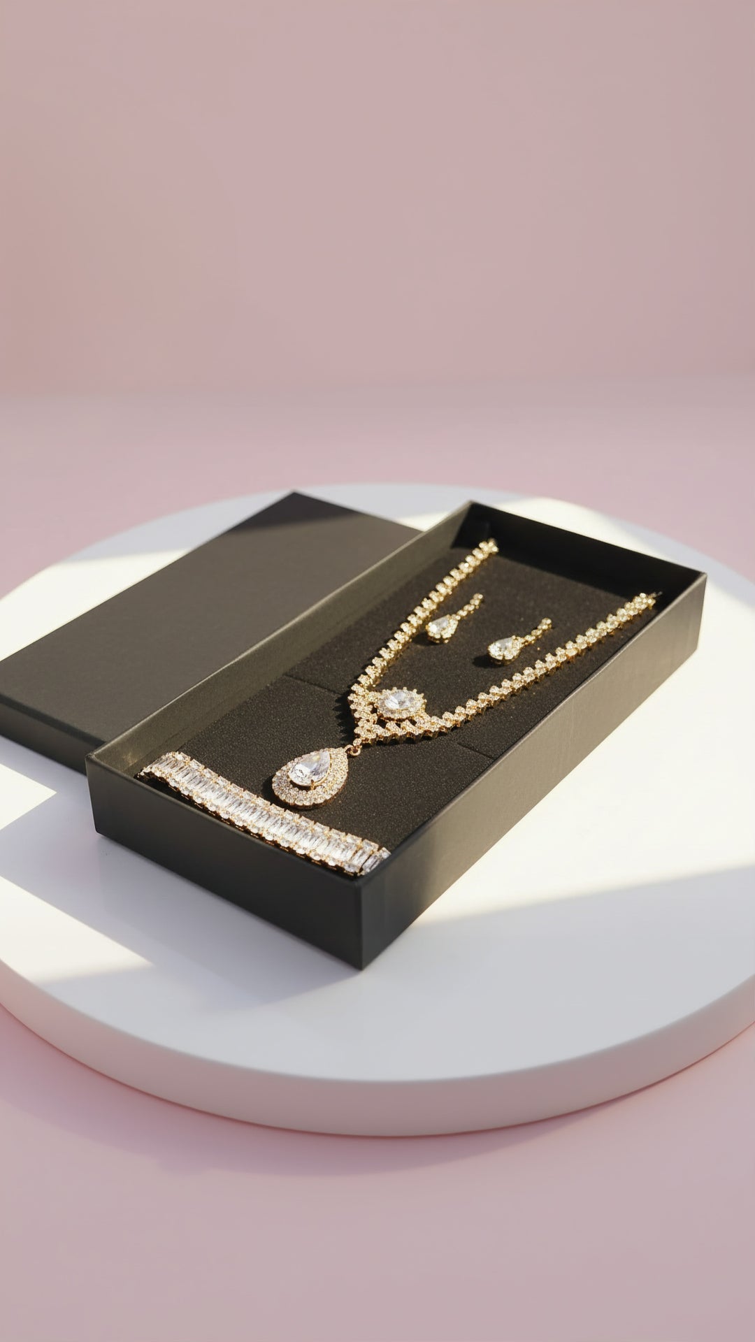 Sparkling Gold Crystal Necklace, Bracelet, Earrings & Ring Set With Gift Box
