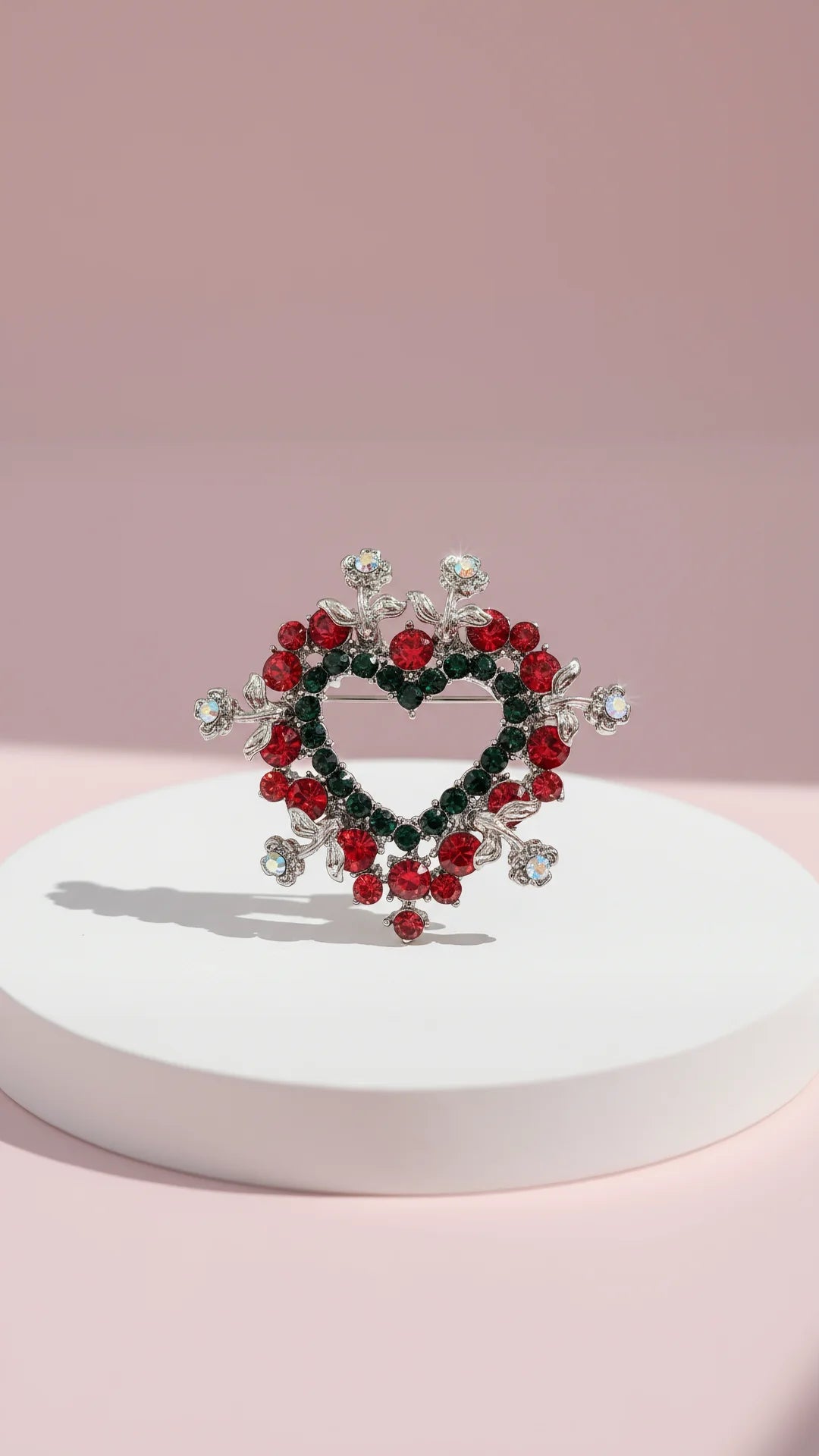 Crystal Heart Wreath Festive Brooch