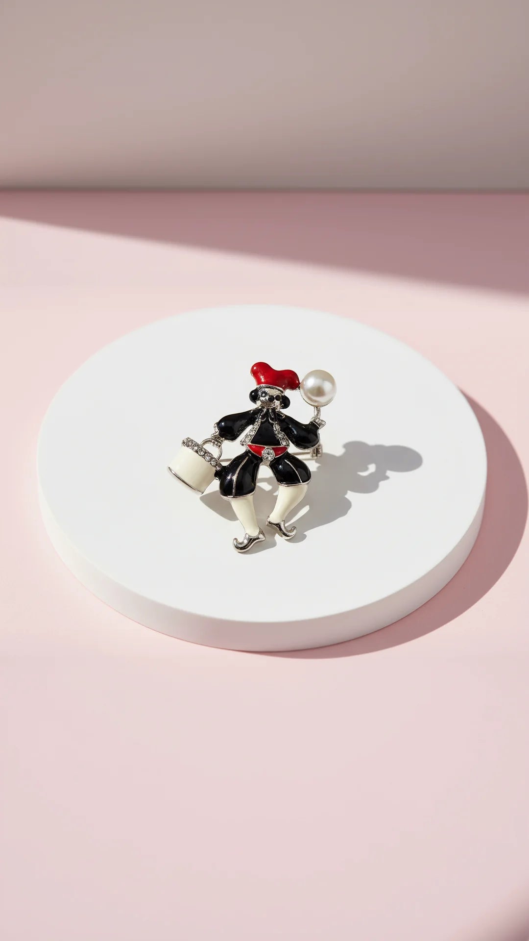 Monochrome Jester Figure With Pearl Decor Brooch