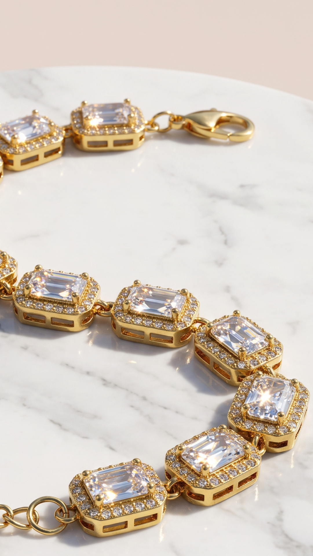 Gold Plated Emerald Cut Crystal Clear Tennis Bracelet