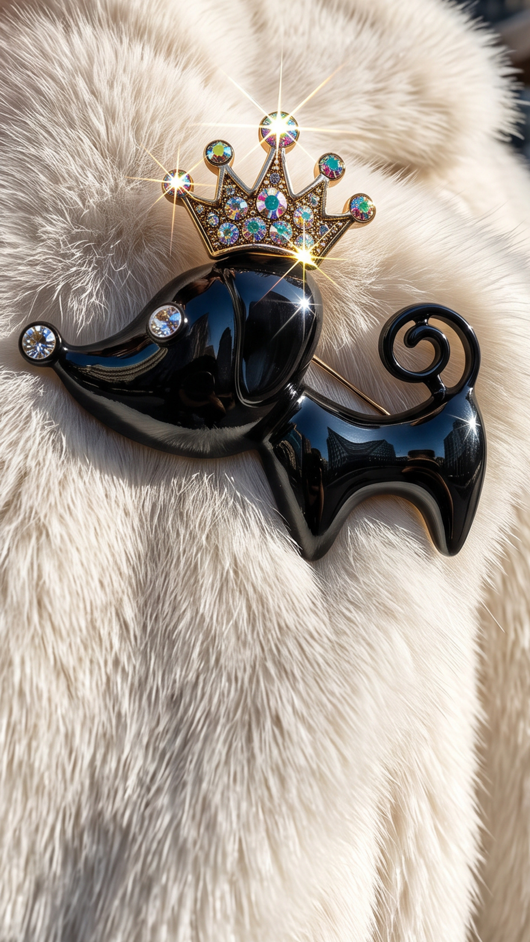 Black Sausage Dog Dachshund Crown Crystal Brooch Pin