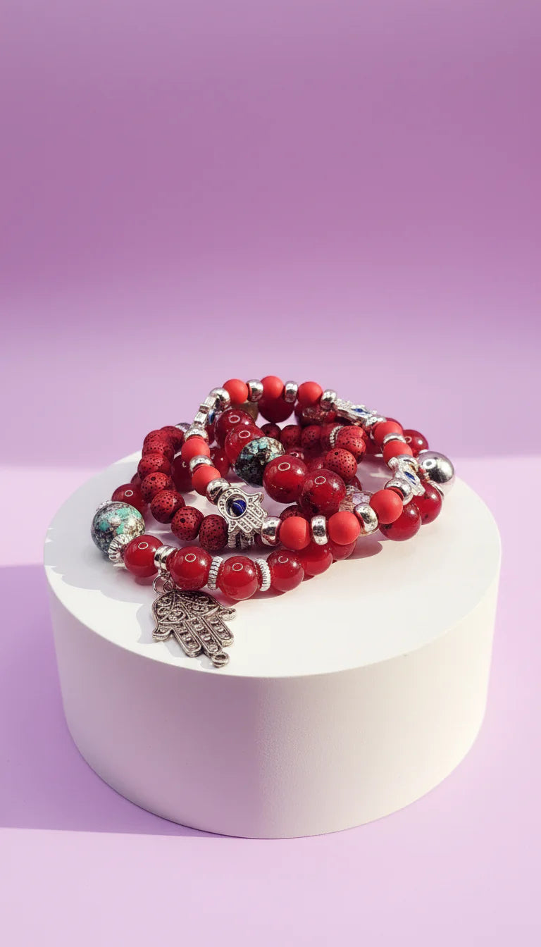 Silver Hamsa Charm Ceramic Beaded Bracelet Set