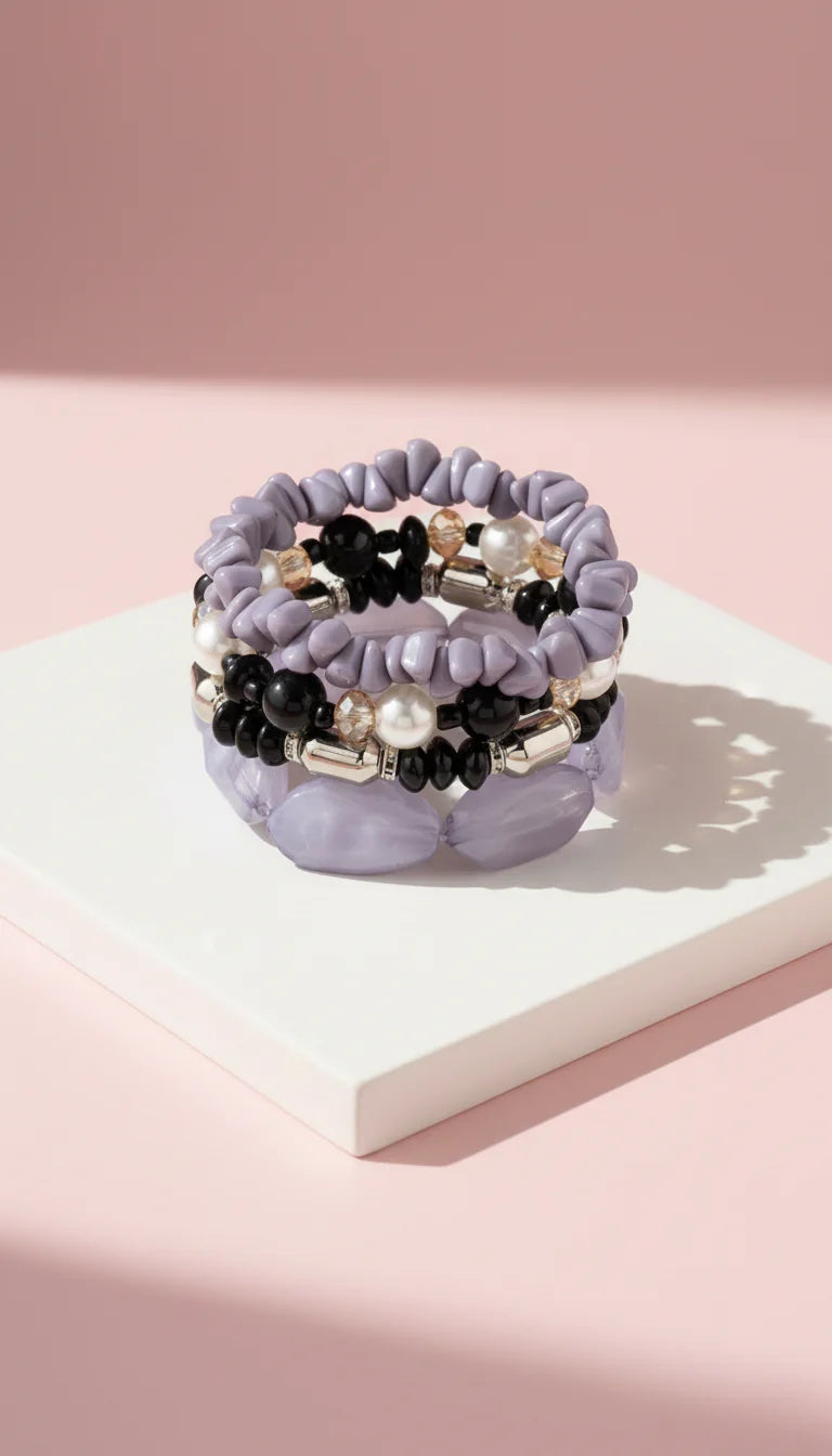 Silver Pearl Ceramic Beaded Bracelet Set