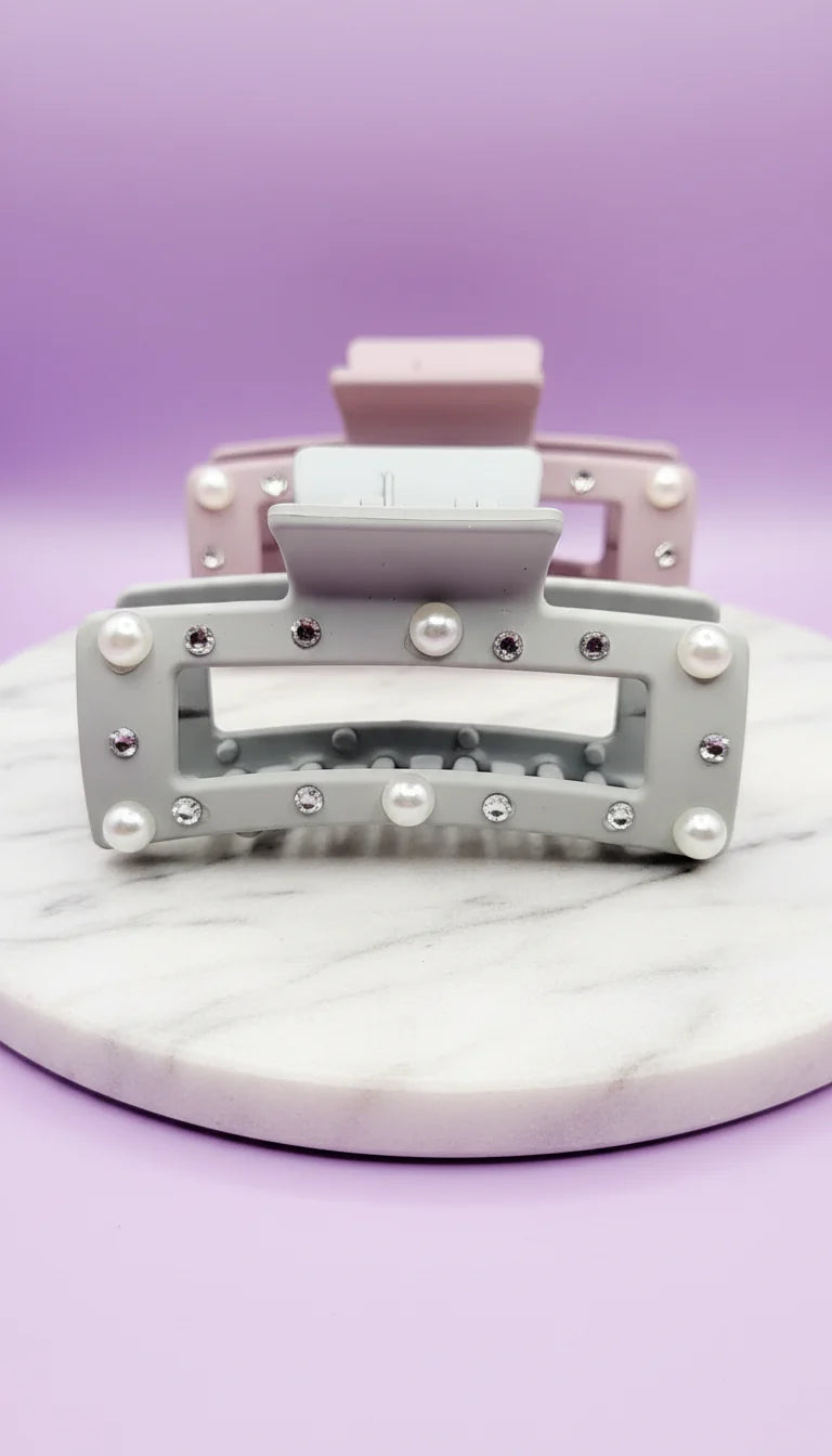 Pearl & Rhinestone Matte Square Hair Clamps Pack of 12