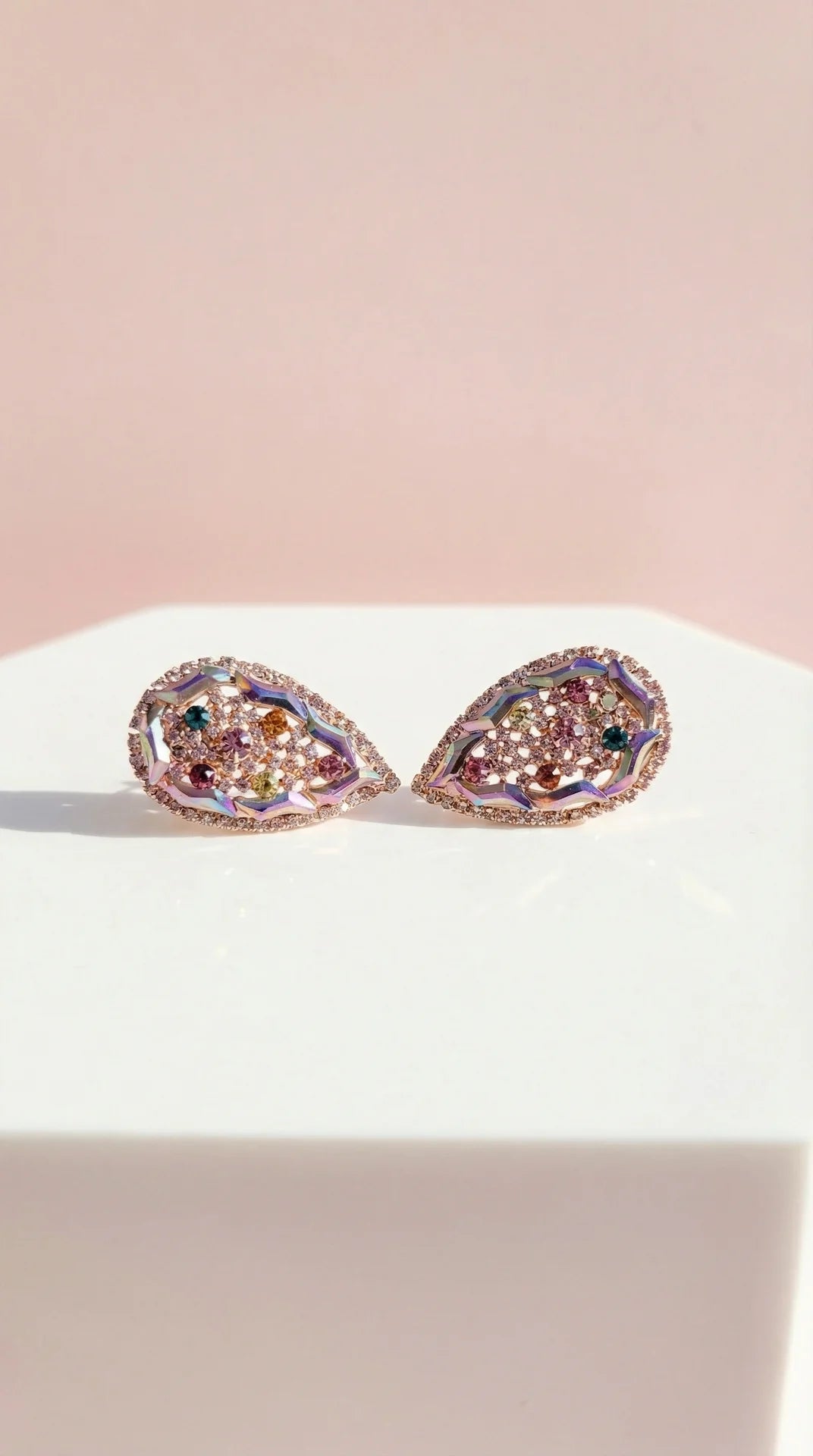 Rainbow Teardrop Crystal Non Pierced Clip On Earrings