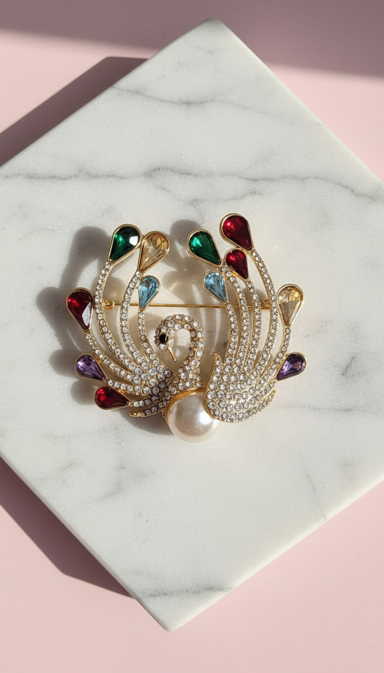 Peacock & Pearl Crystal Brooch Pin Rhinestone Statement Jewellery