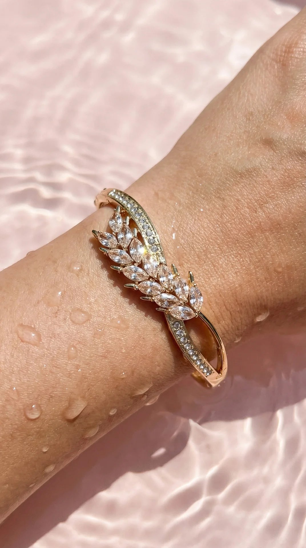 Curved Pave Crystal Inlaid Stainless Steel Gold Plated Hinged Bangle