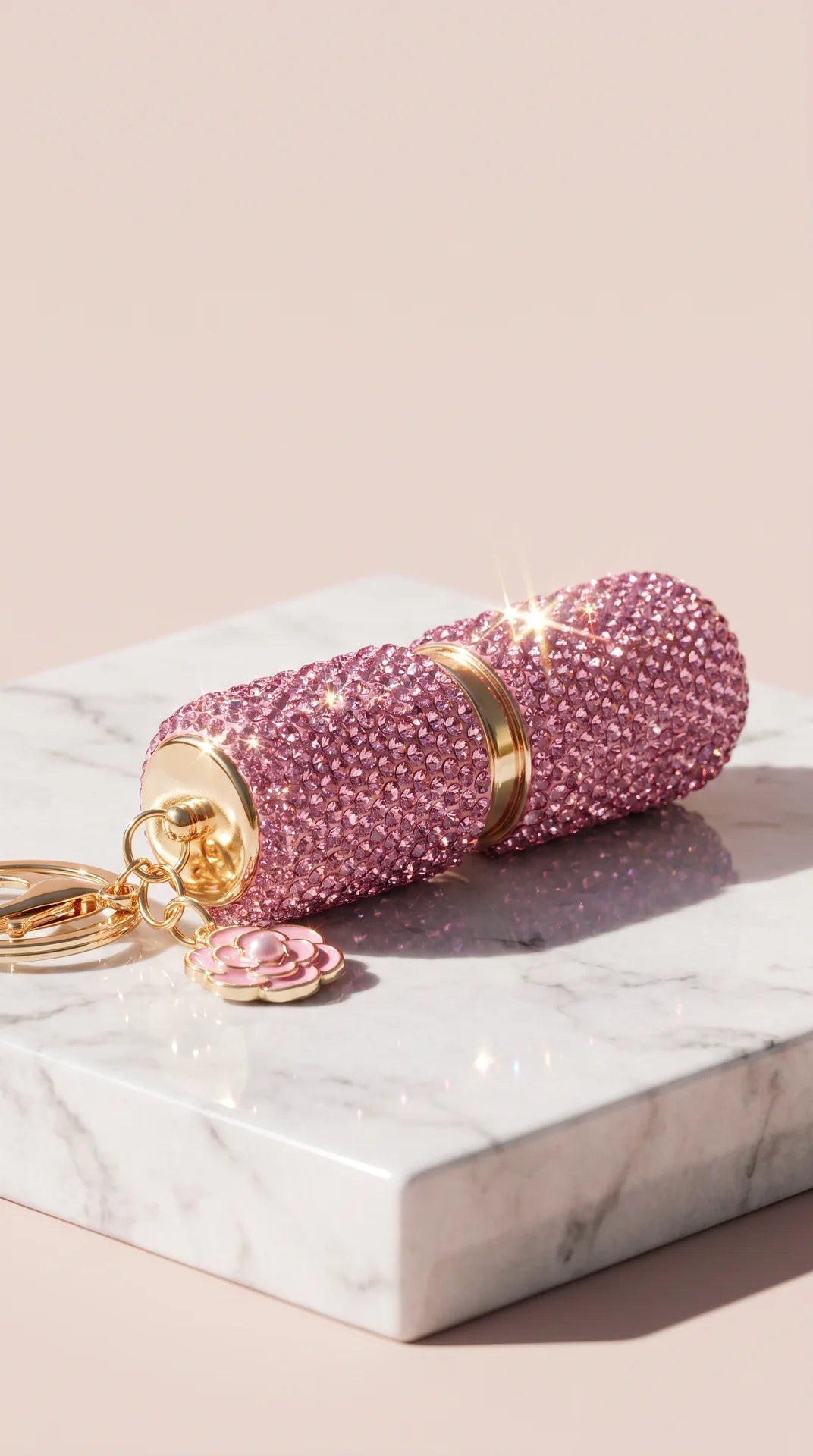 Crystal Rhinestone Lipstick Keyring Holder – Portable Refillable Travel Bottle