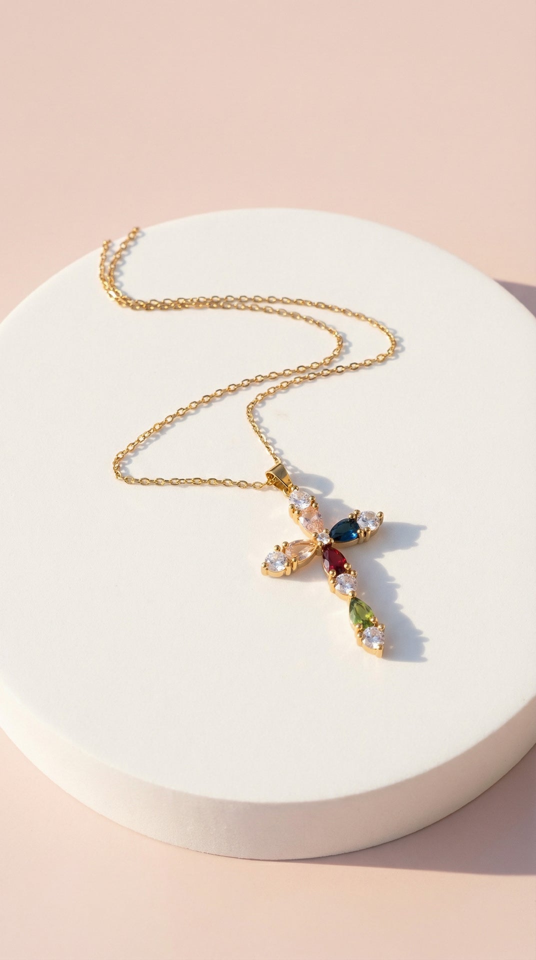 Oval Rainbow Crystal Cross Stainless Steel Necklace