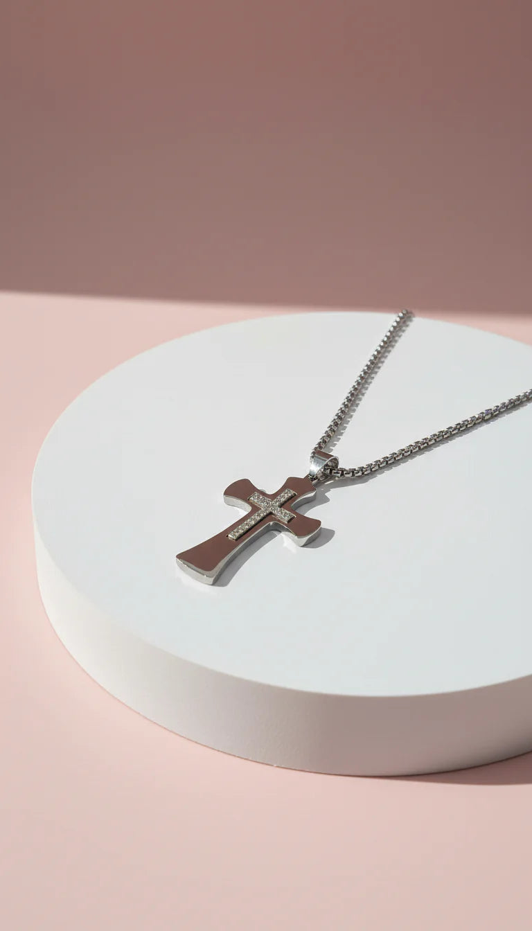 Curved Two Tone Crystal Cross Necklace