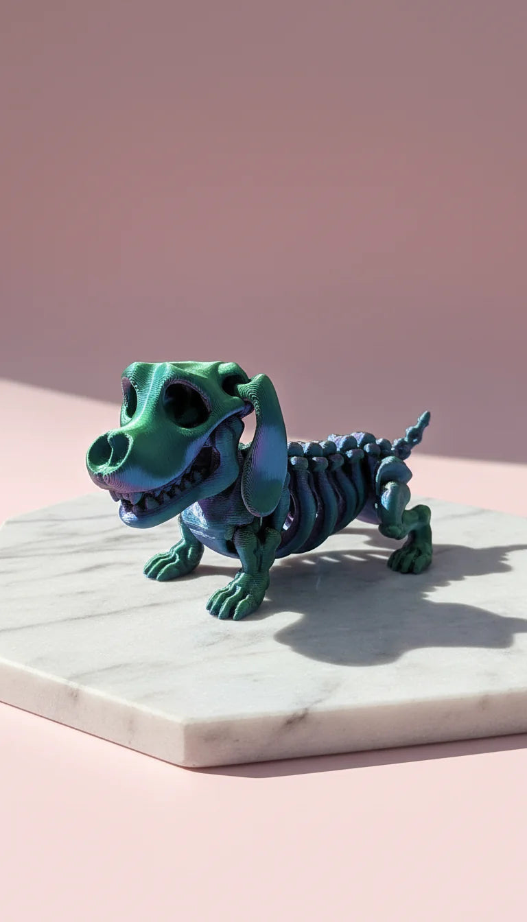 3D Printed Articulated Fantasy Skelton Sausage Dog Figurine: Bioplastic
