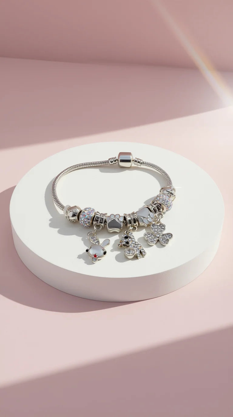 Paw Prints Crystal Charm Beaded Bracelet