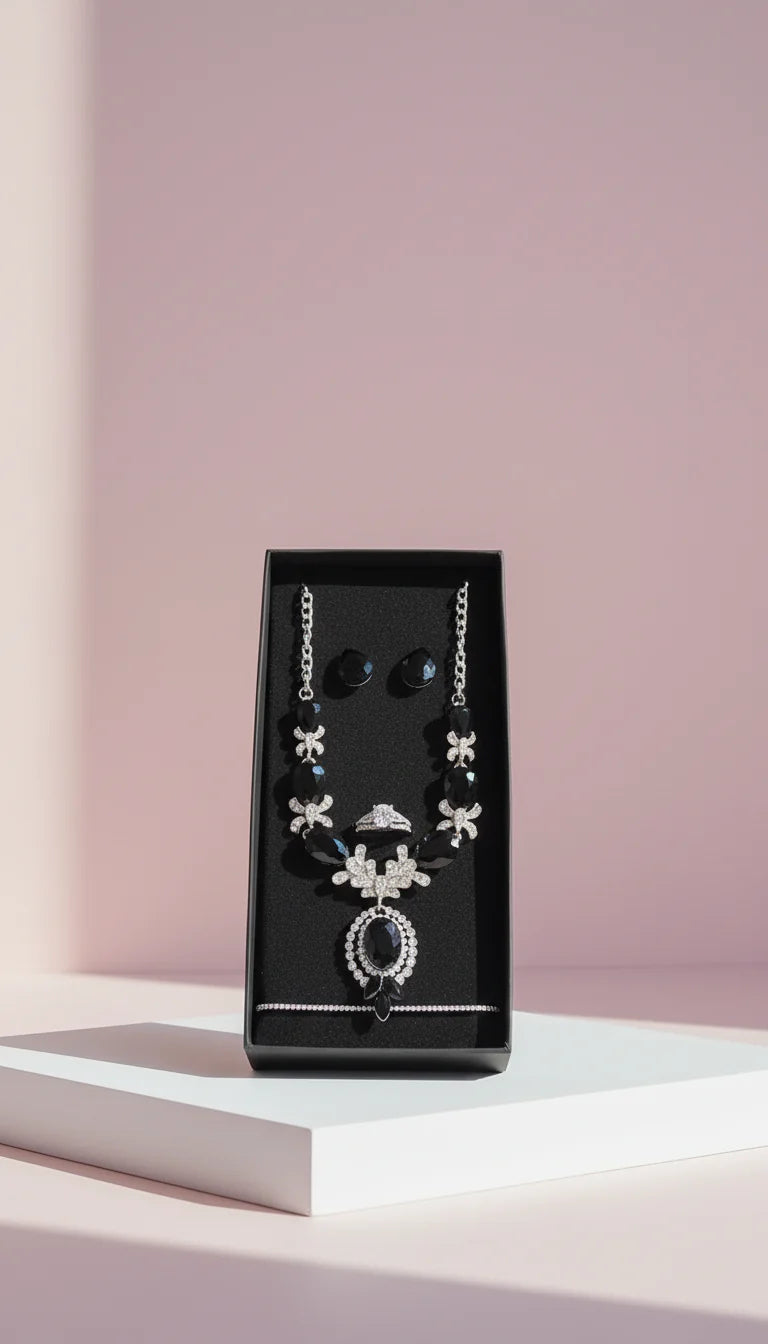 Black Crystal Necklace, Bracelet, Earrings & Ring Set With Gift Box