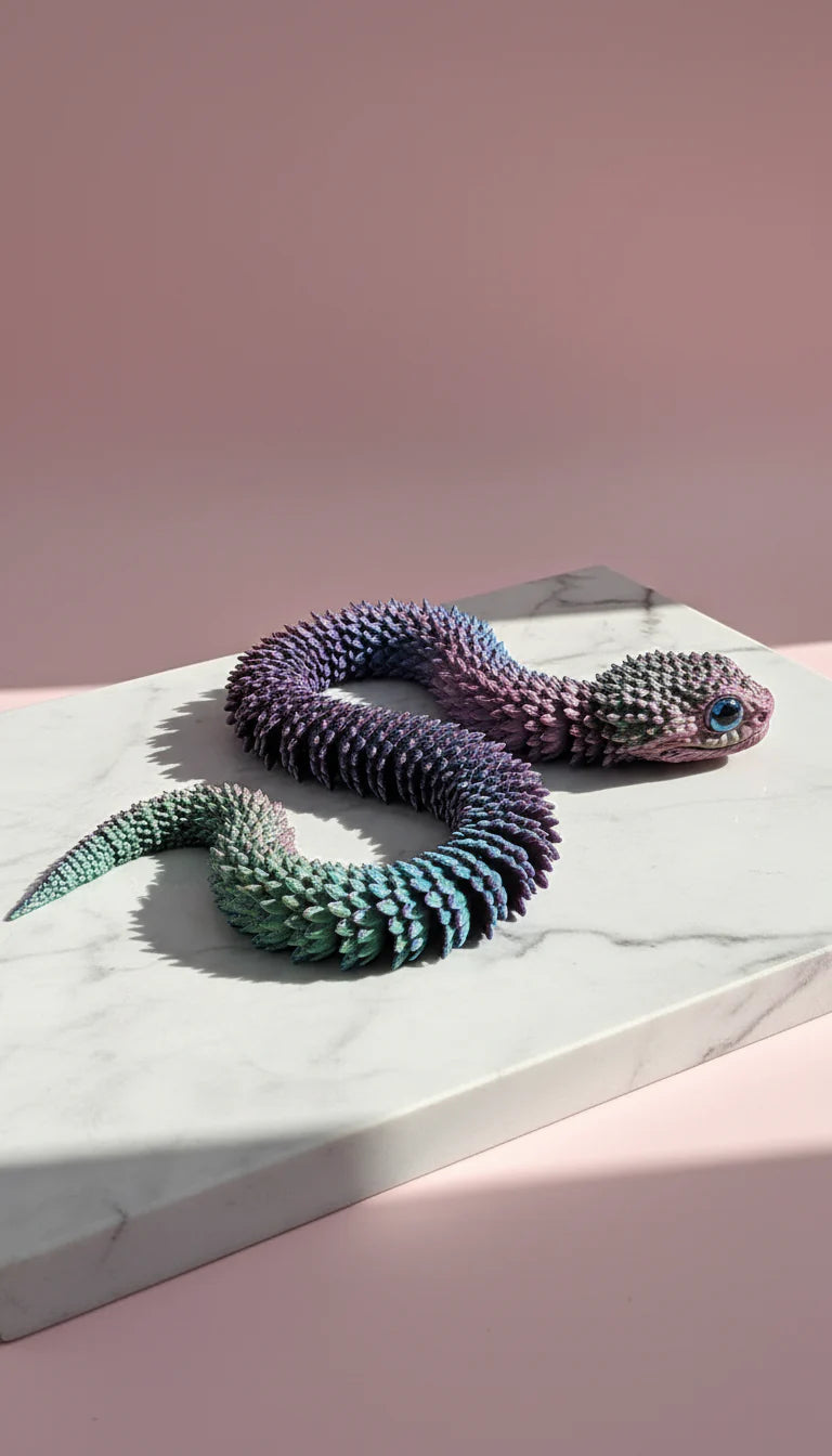 Colorful snake on a white platform with a pink background