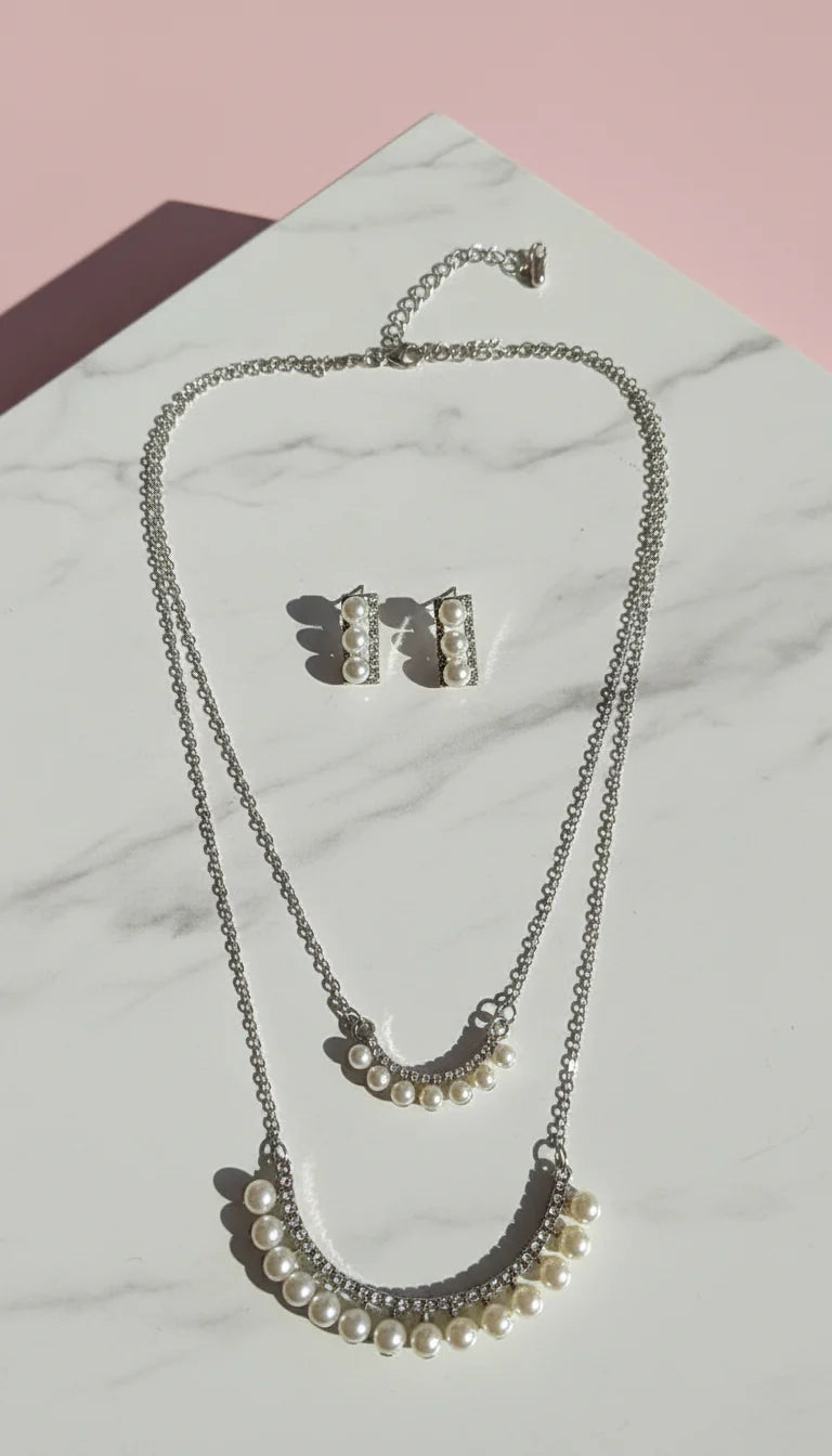 Curved Crystal Pearl Pendant Necklace & Earring Set