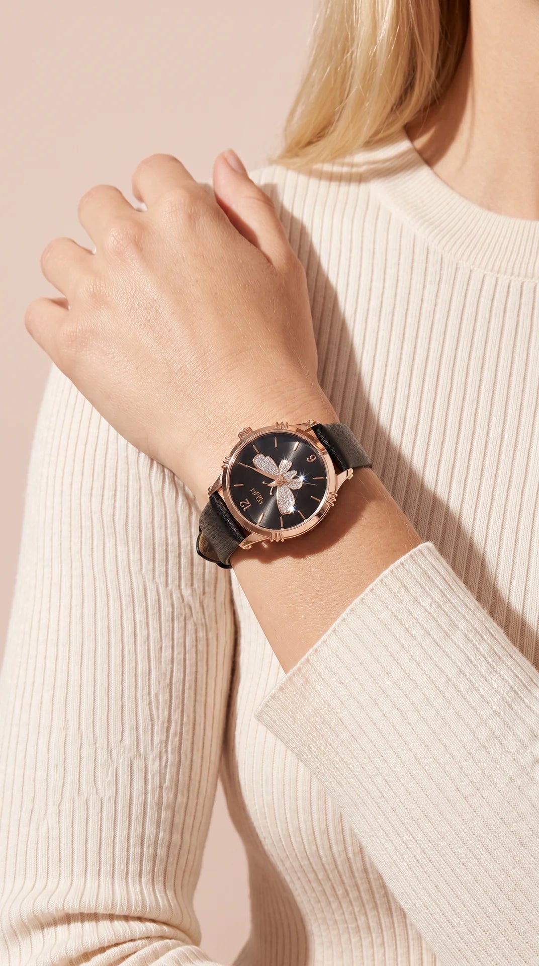 Butterfly Crystal Dial Leather Strap Watch