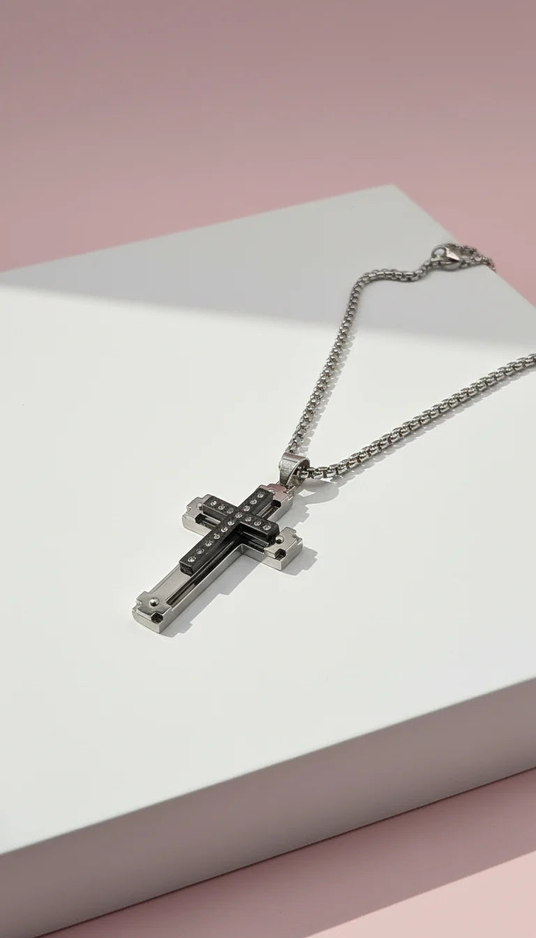 Two Tone Black Stainless Steel Cross Necklace