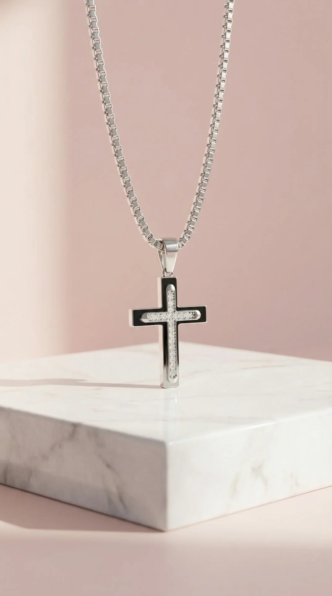 Waterproof Silver Inlaid Crystal Cross Stainless Steel Necklace