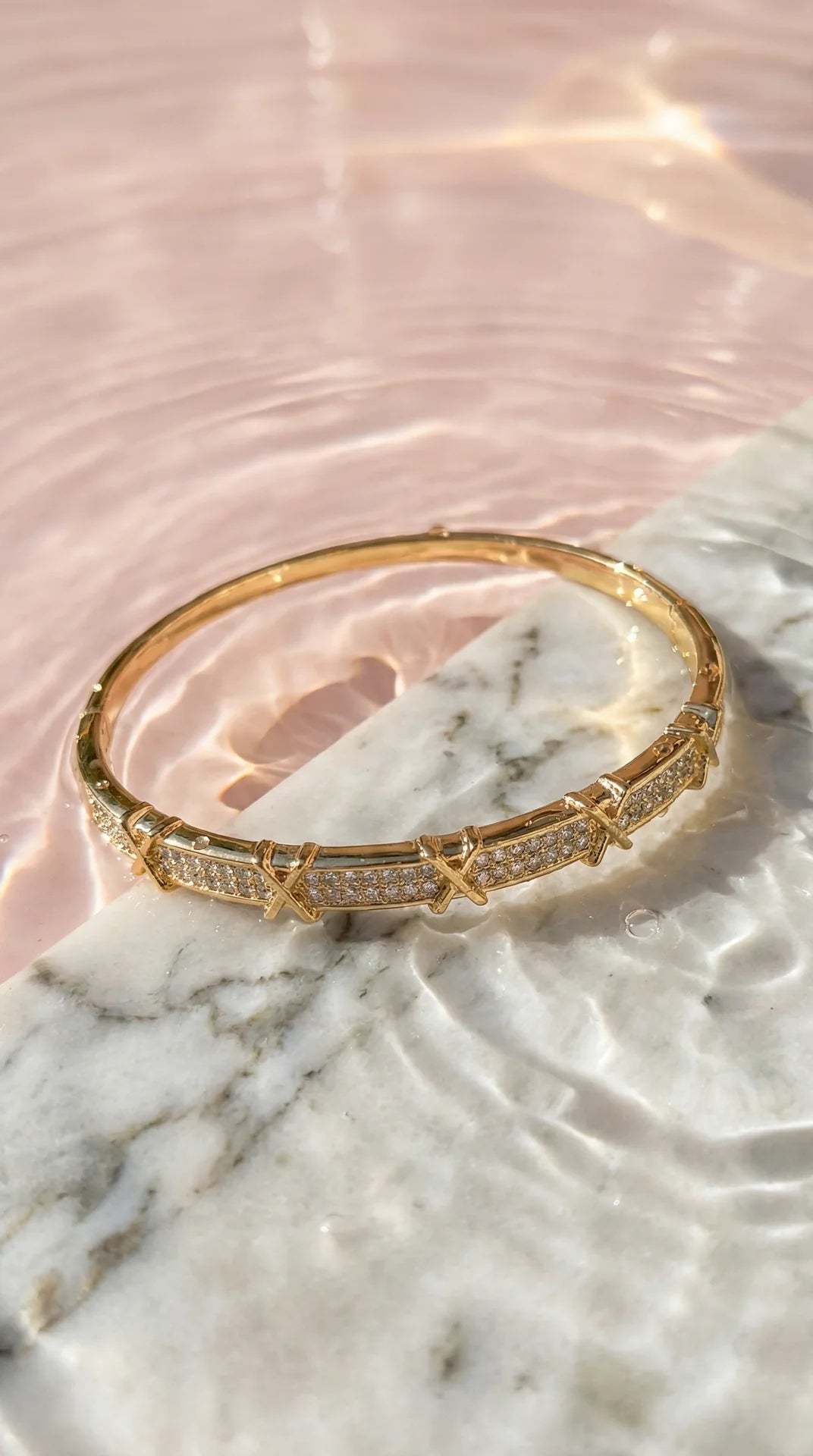 Criss Cross Crystal Inlaid Stainless Steel Gold Plated Hinged Bangle