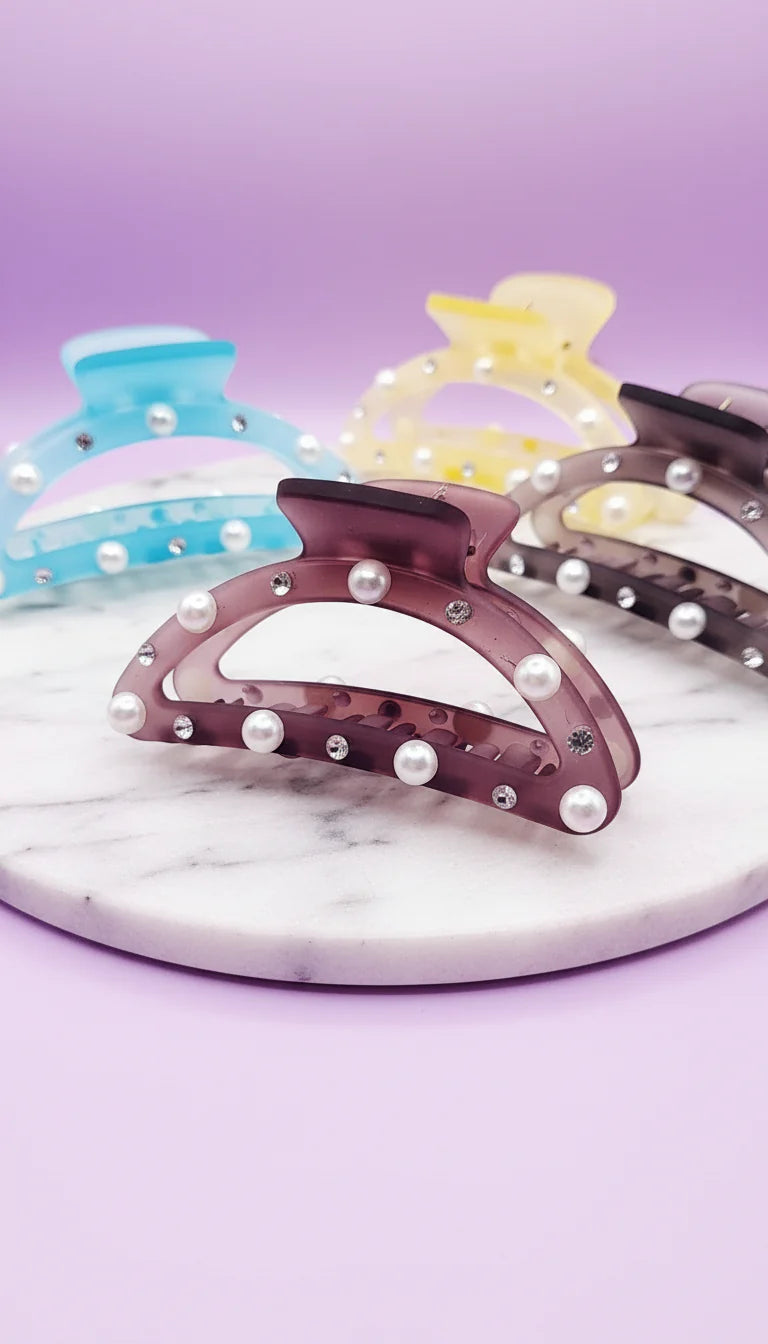 Pearl & Rhinestone Gradient Curved Hair Clamps Pack of 12