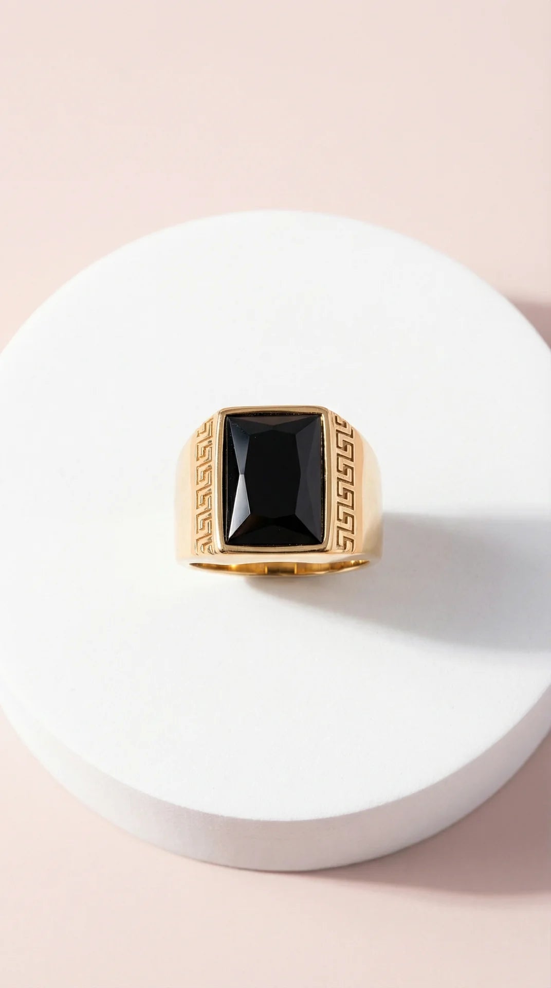 Stainless Steel Men's Greek Key Black Stone Signet Ring