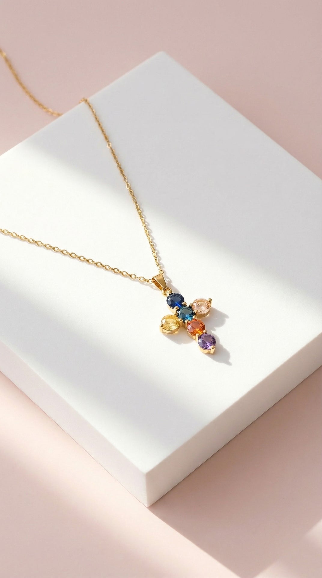 Waterproof Chunky Rainbow Crystal Cross Stainless Steel Necklace