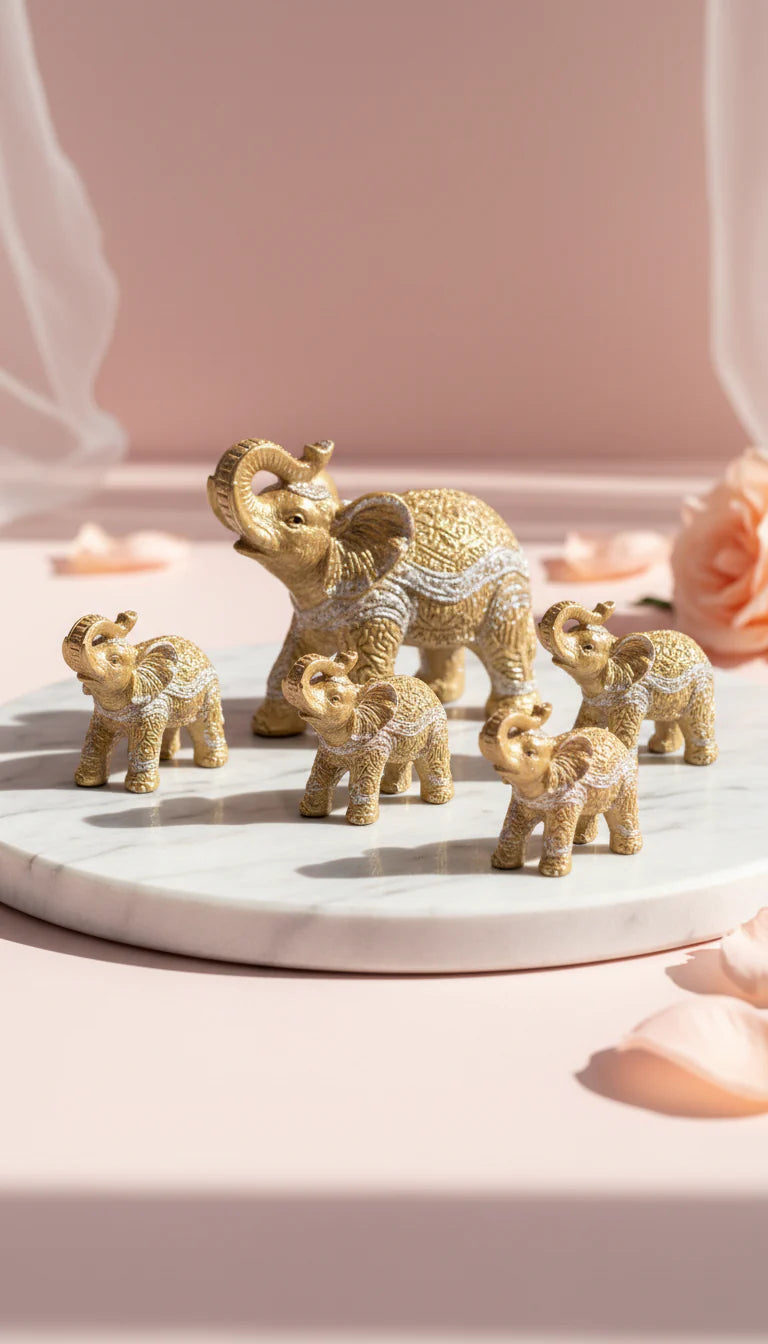 Set Of 7 Gold Elephant Family Figurines