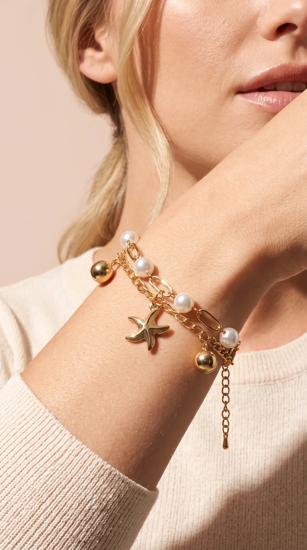 Gold Plated Pearl & Starfish Charm Bracelet