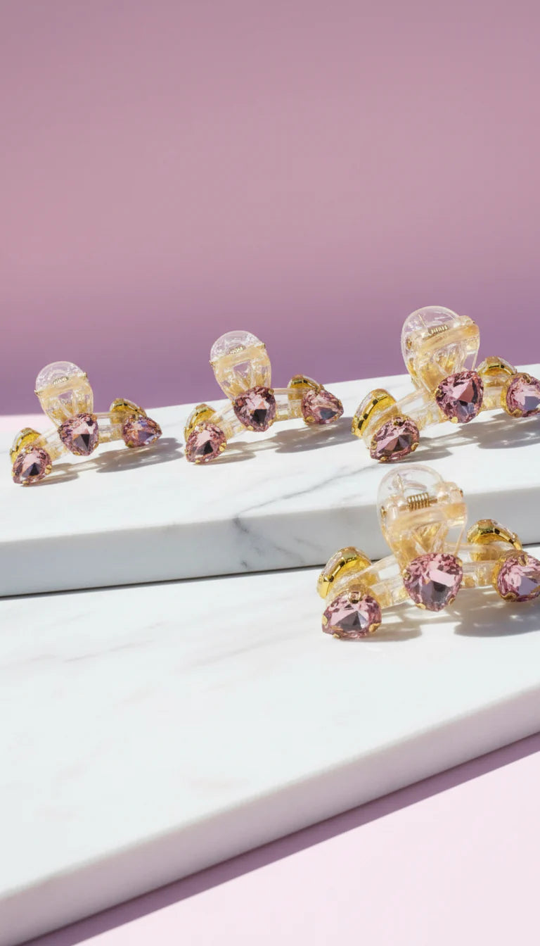Rose Pink Crystal Mini Pink Hair Clamps