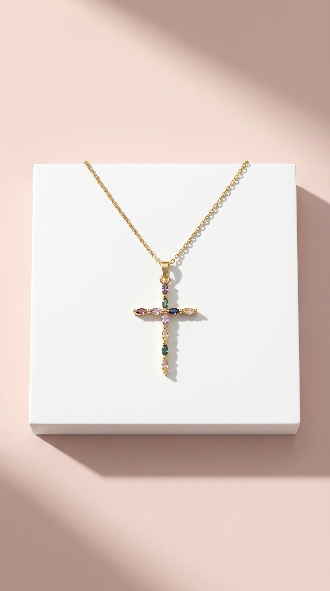Rainbow Oval Crystal Cross Stainless Steel Necklace