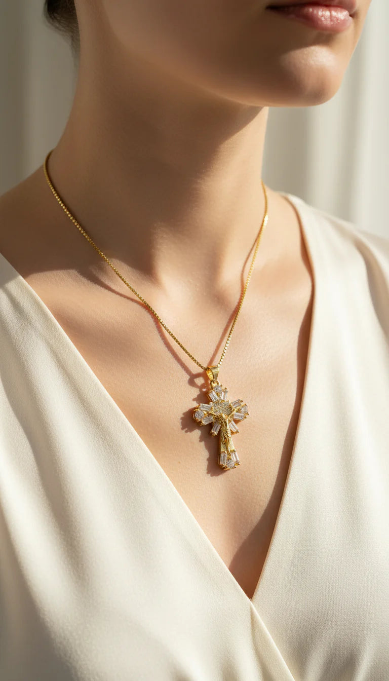 Baguette Cut Crystal Cross Symbolic Necklace Pendant