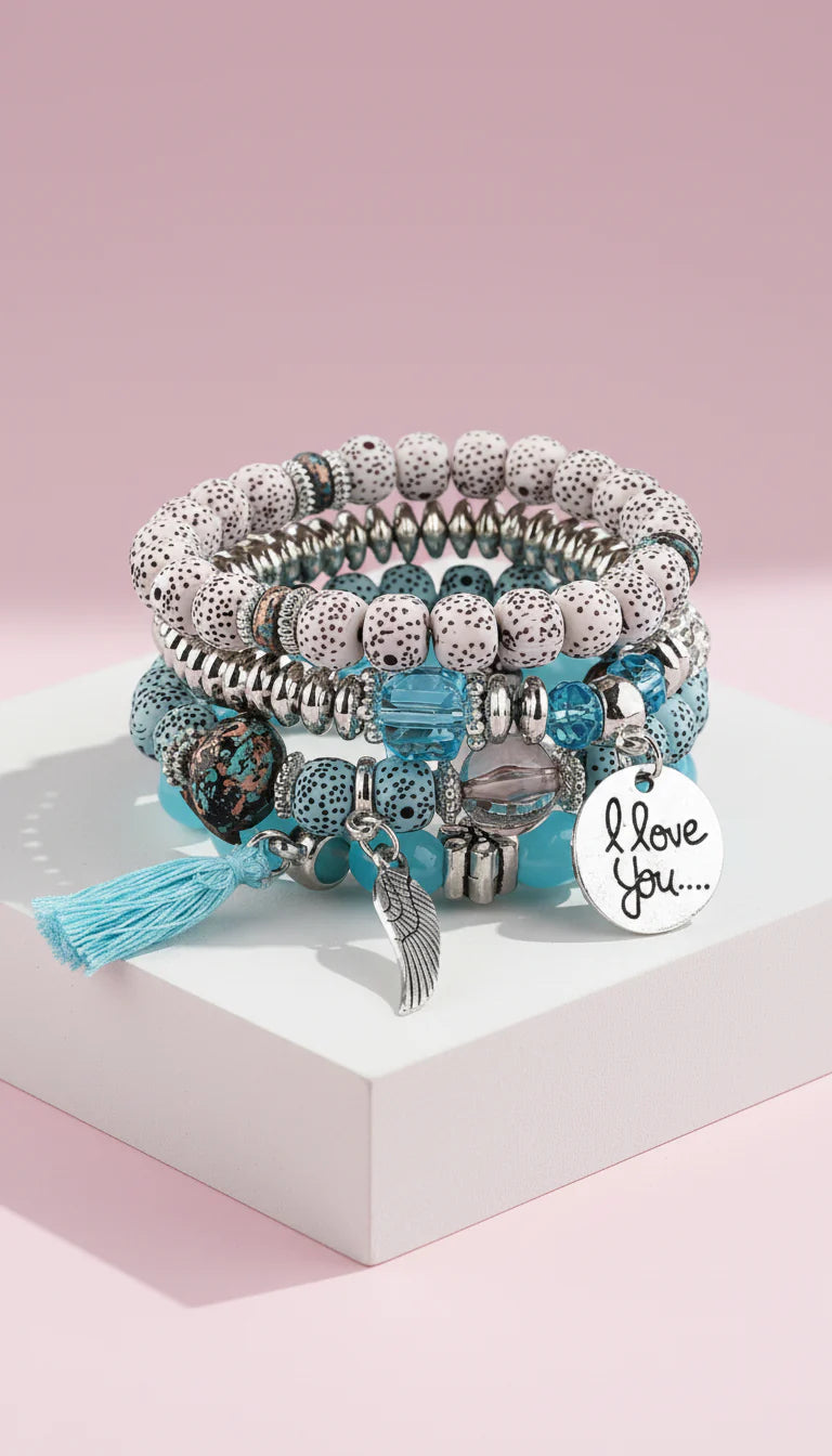 Wings & Tassel Ceramic Charm Beaded Bracelet Set