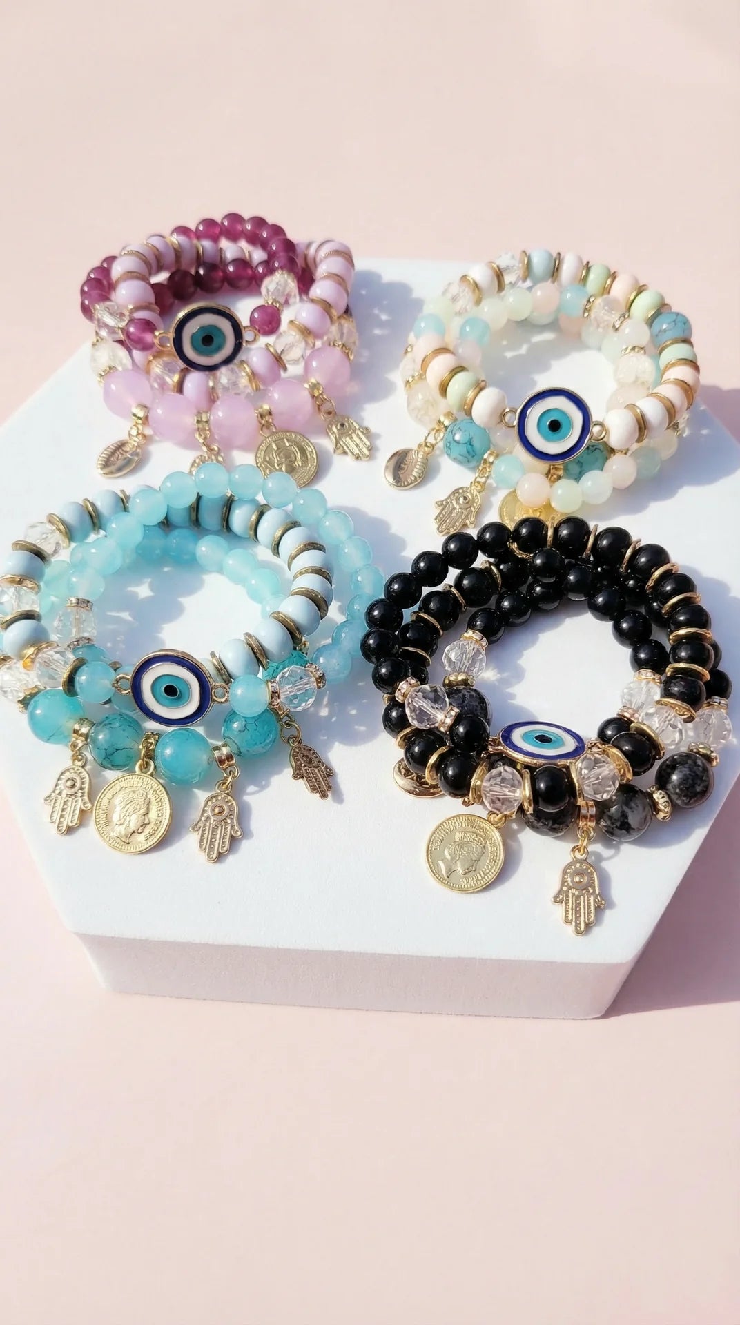 Evil Eye Charm Ceramic Beaded Bracelet Set
