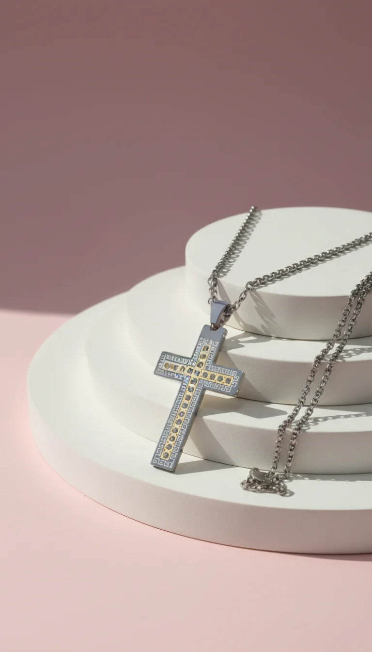 Waterproof Two Tone Stainless Steel Cross Necklace Pendant