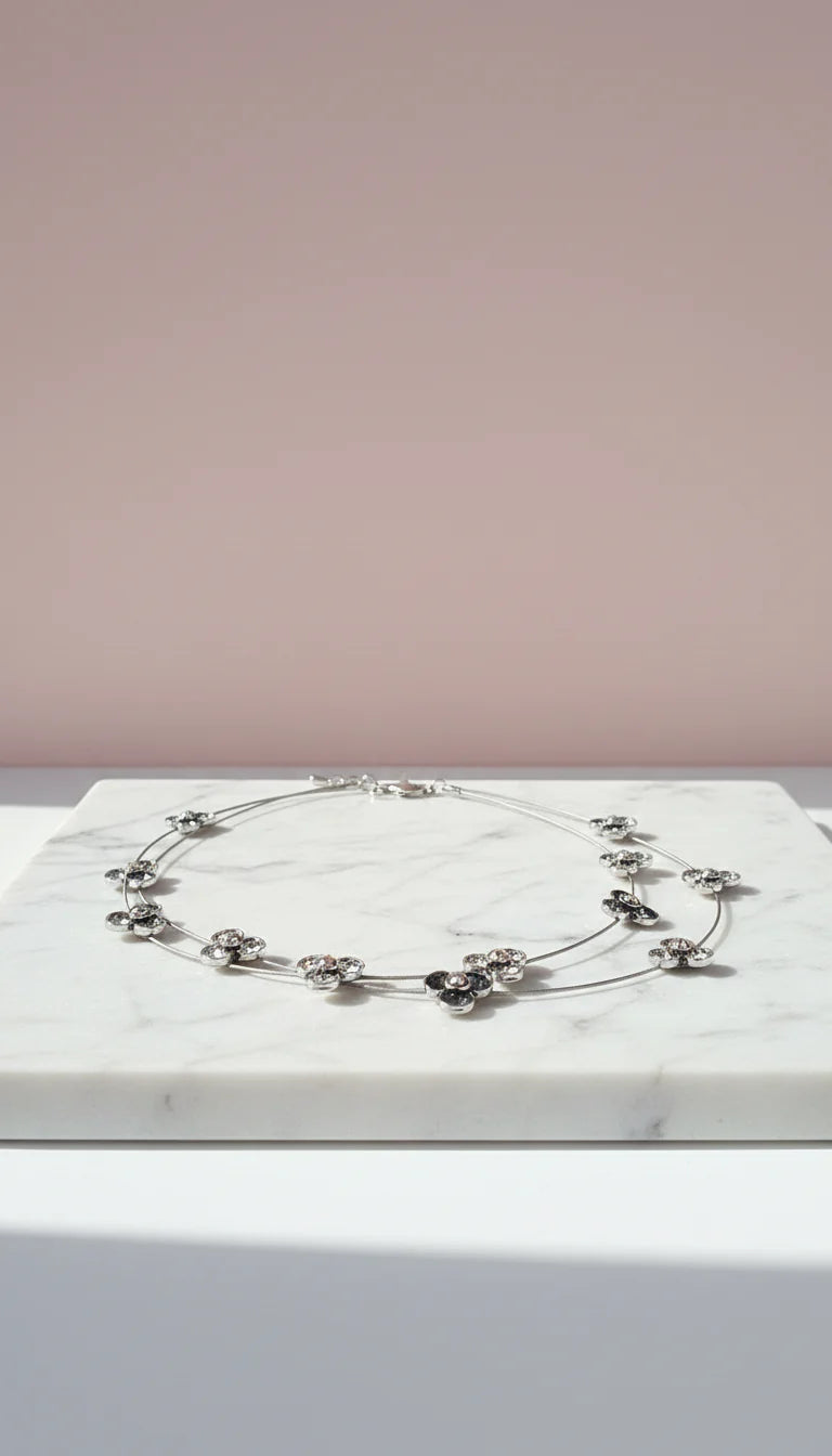 Layered Flower Silver Statement Necklace