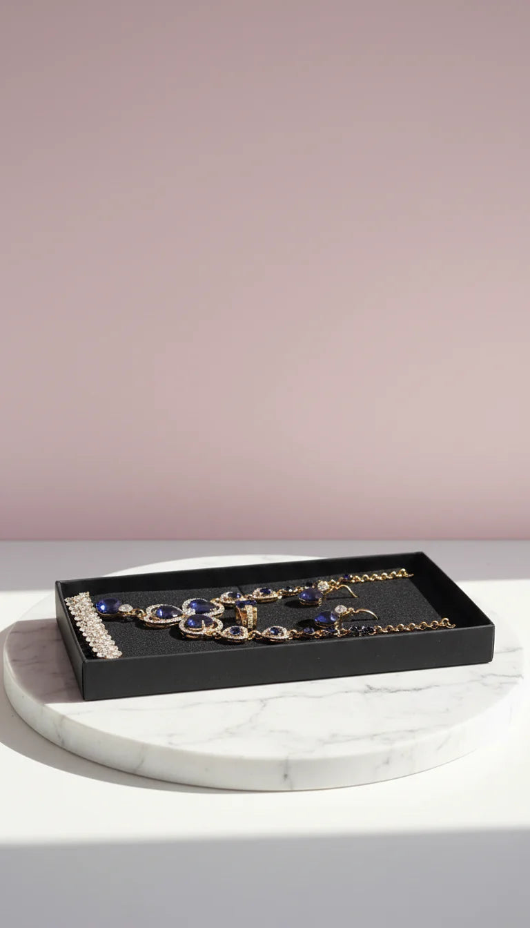 Blue Heart Crystal Necklace, Bracelet, Earrings & Ring Set With Gift Box