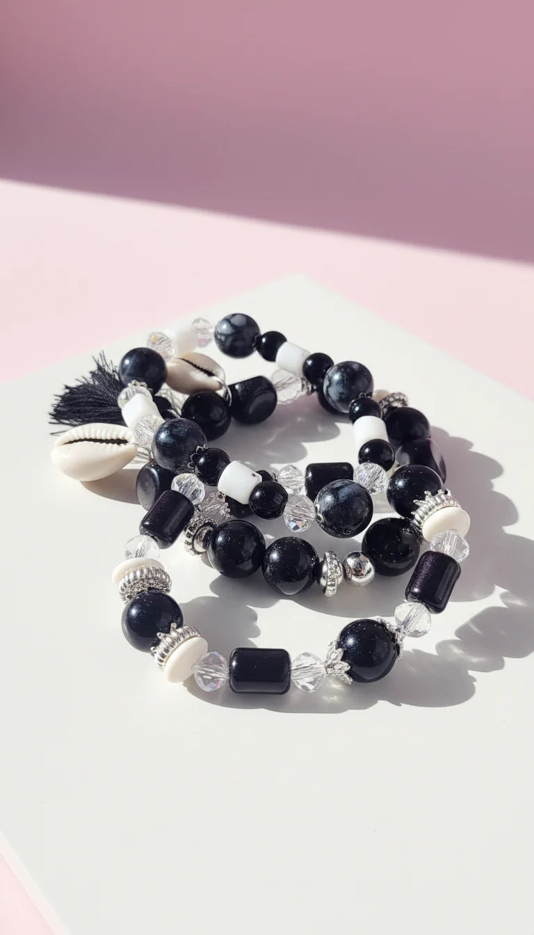 Shell & Tassel Charm Ceramic Beaded Bracelet Set