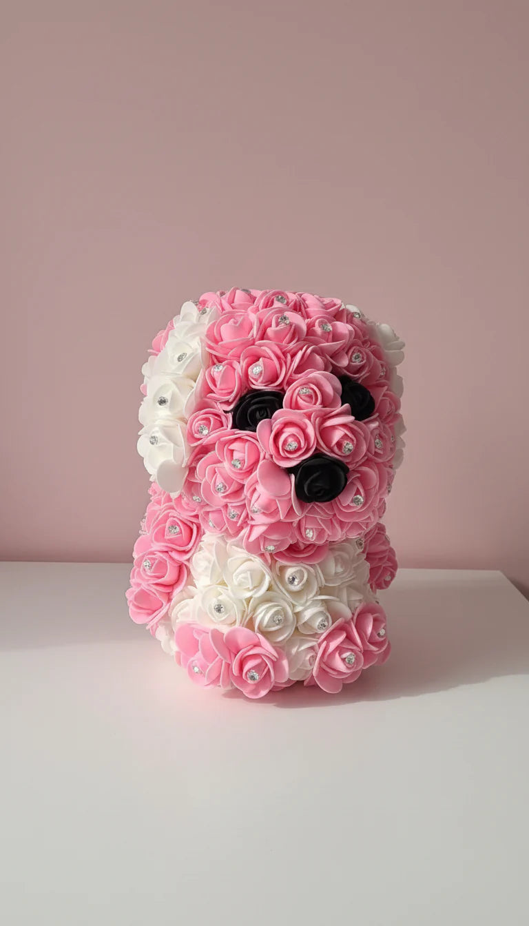 Pink and white flower dog-shaped decorative item on a pink background