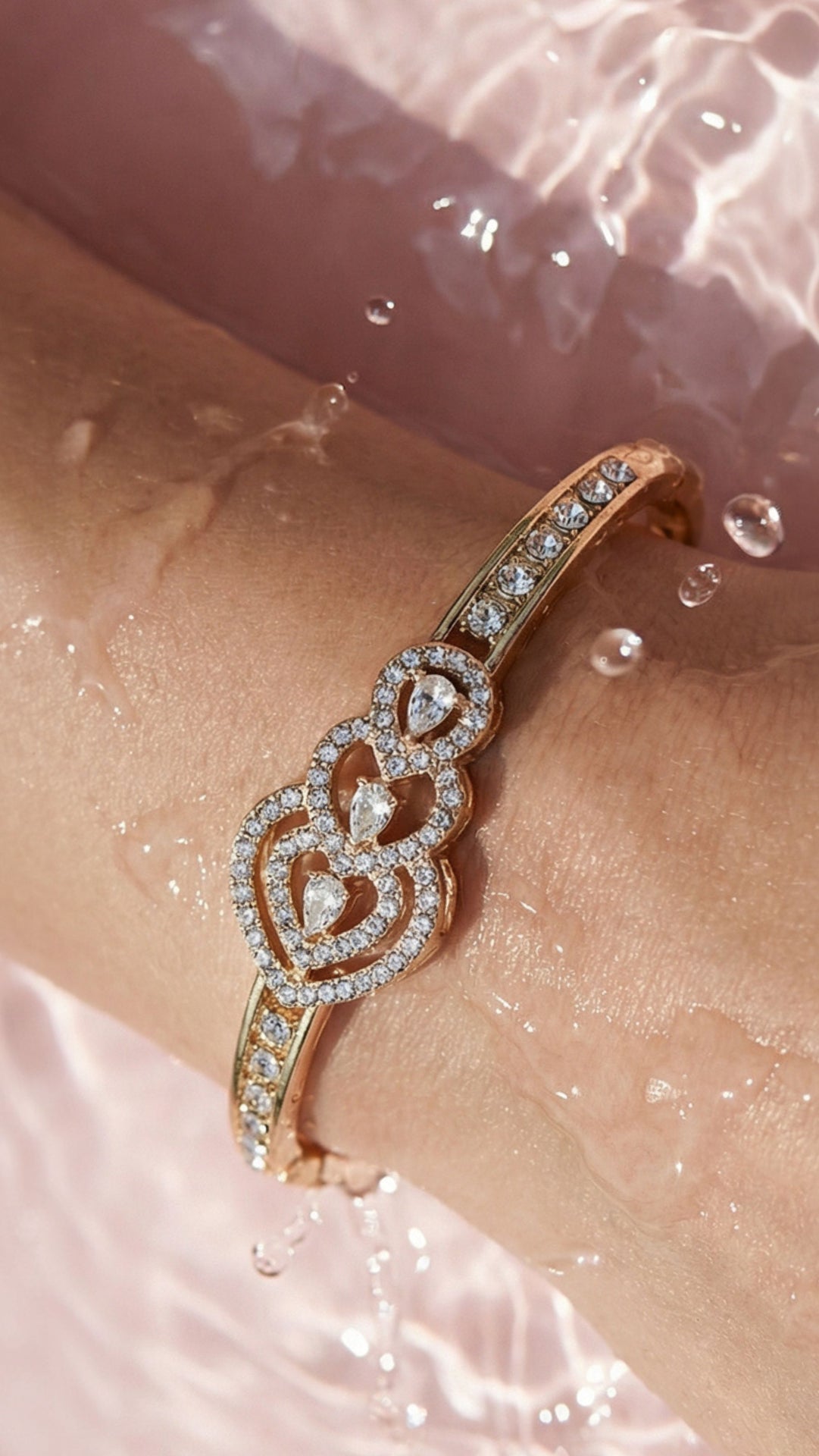 Layered Heart Crystal Inlaid Stainless Steel Gold Plated Hinged Bangle