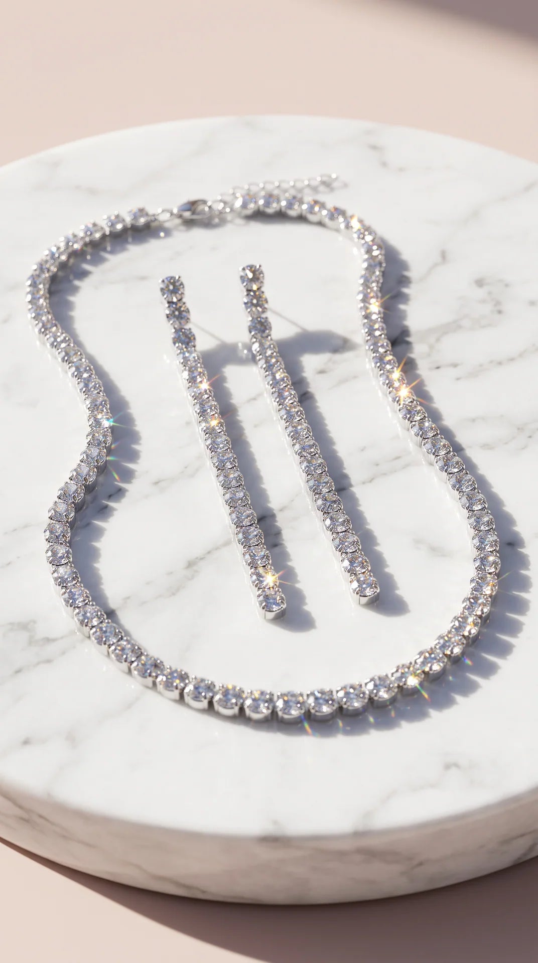 Classic Round Cubic Zirconia Tennis Necklace & Drop Earring Set