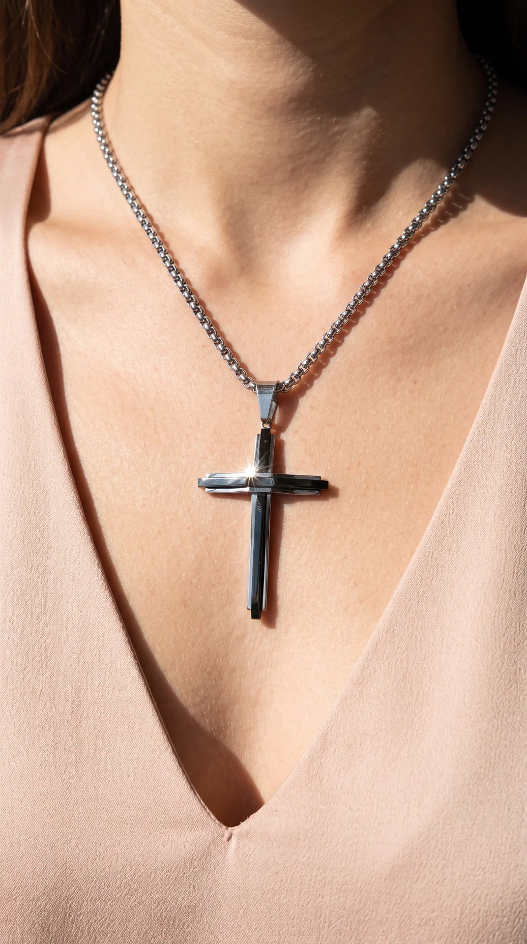 Stainless Steel Layered Cross Pendant Necklace