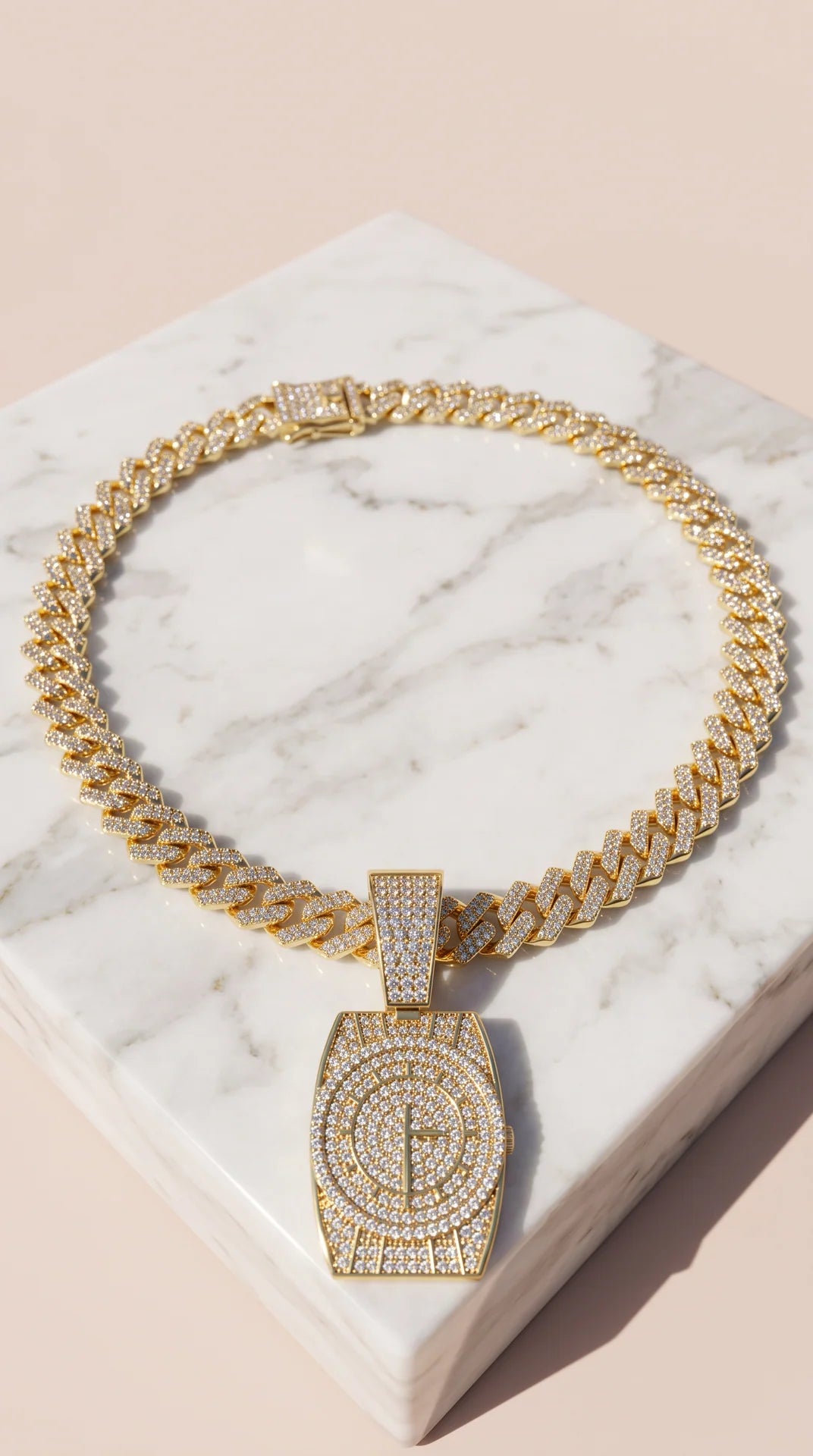 Iced Out Luxury Watch Face Pendant Cuban Necklace