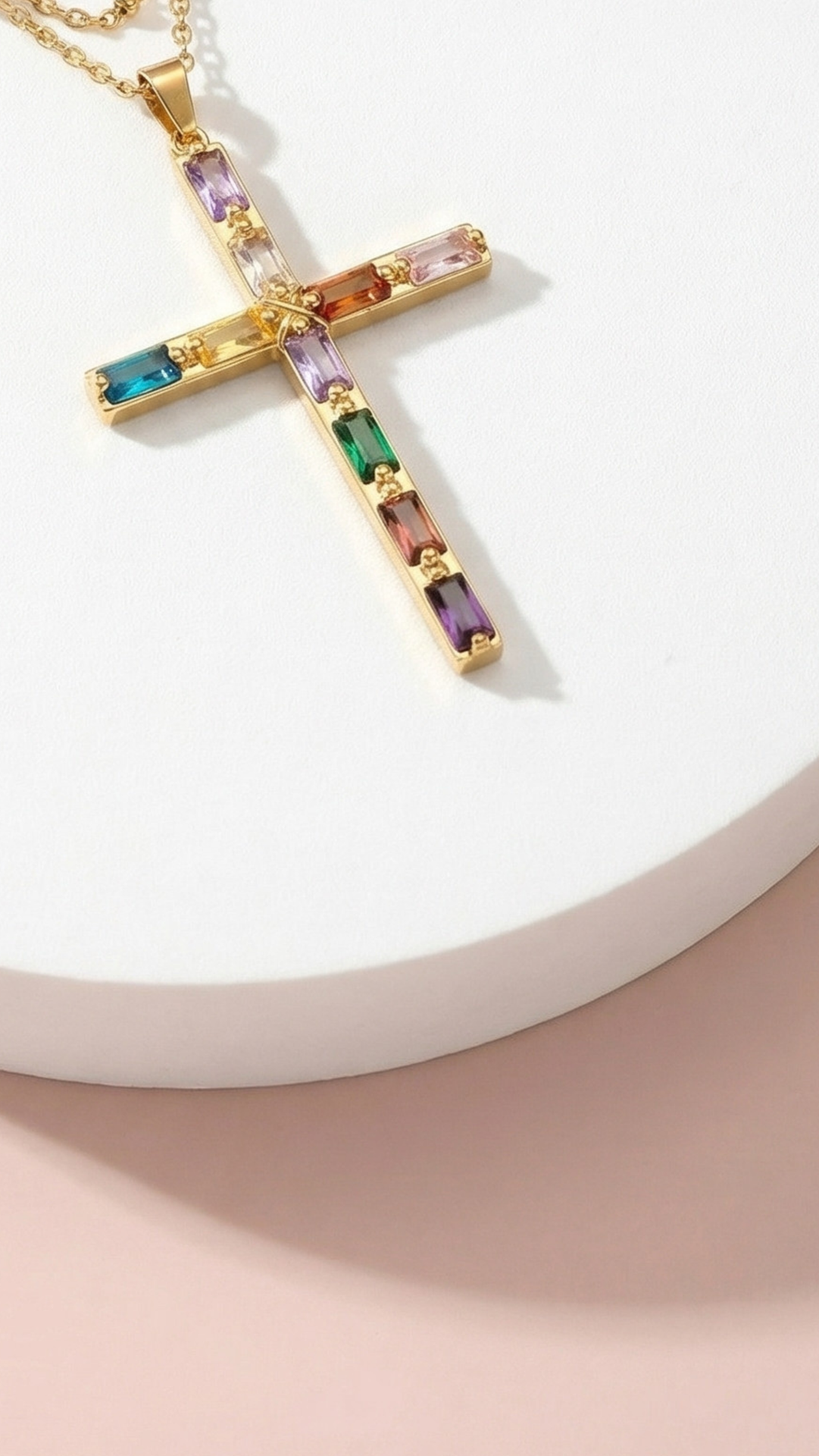 Waterproof Rainbow Baguette Cut Crystal Cross Stainless Steel Necklace