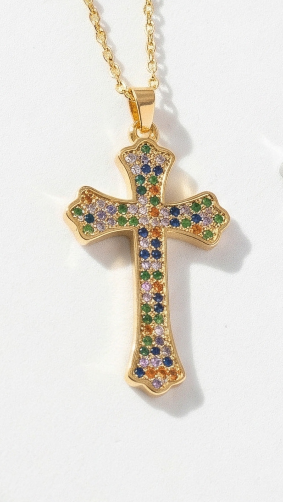 Waterproof Rainbow Gothic Crystal Cross Stainless Steel Necklace