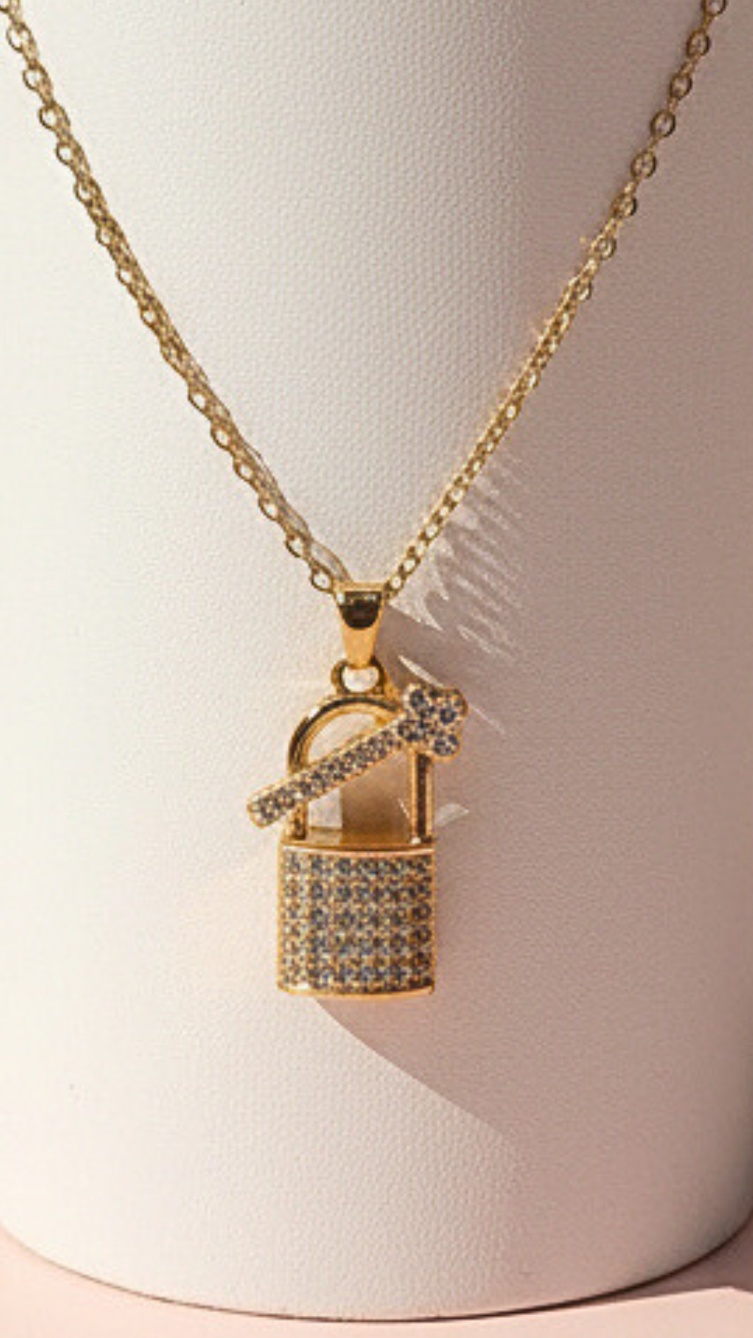 Lock & Key Crystal Stainless Steel Gold Plated Pendant Necklace