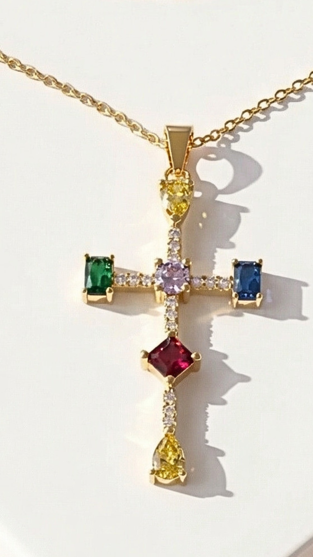 Waterproof Rainbow Gem Crystal Cross Stainless Steel Necklace