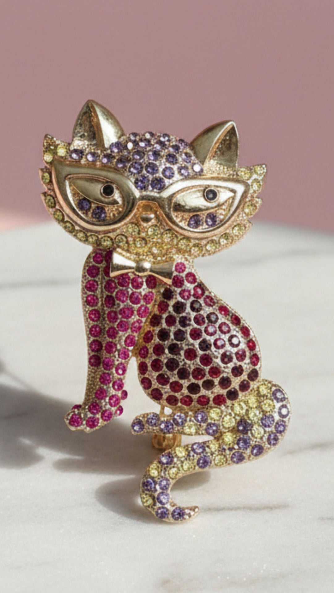 Cat With Glasses Crystal Brooch