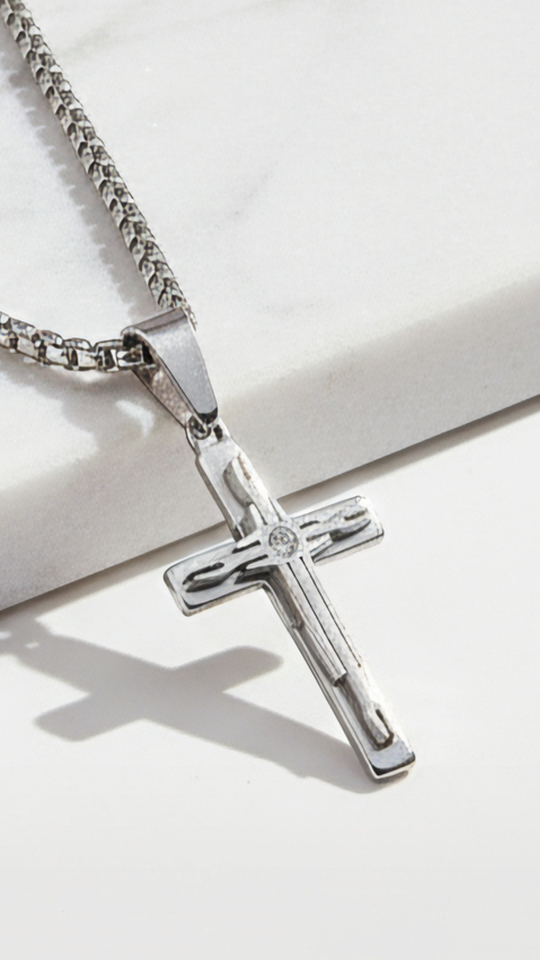Waterproof Stainless Steel Silver Stone Inlaid Cross Pendant Necklace