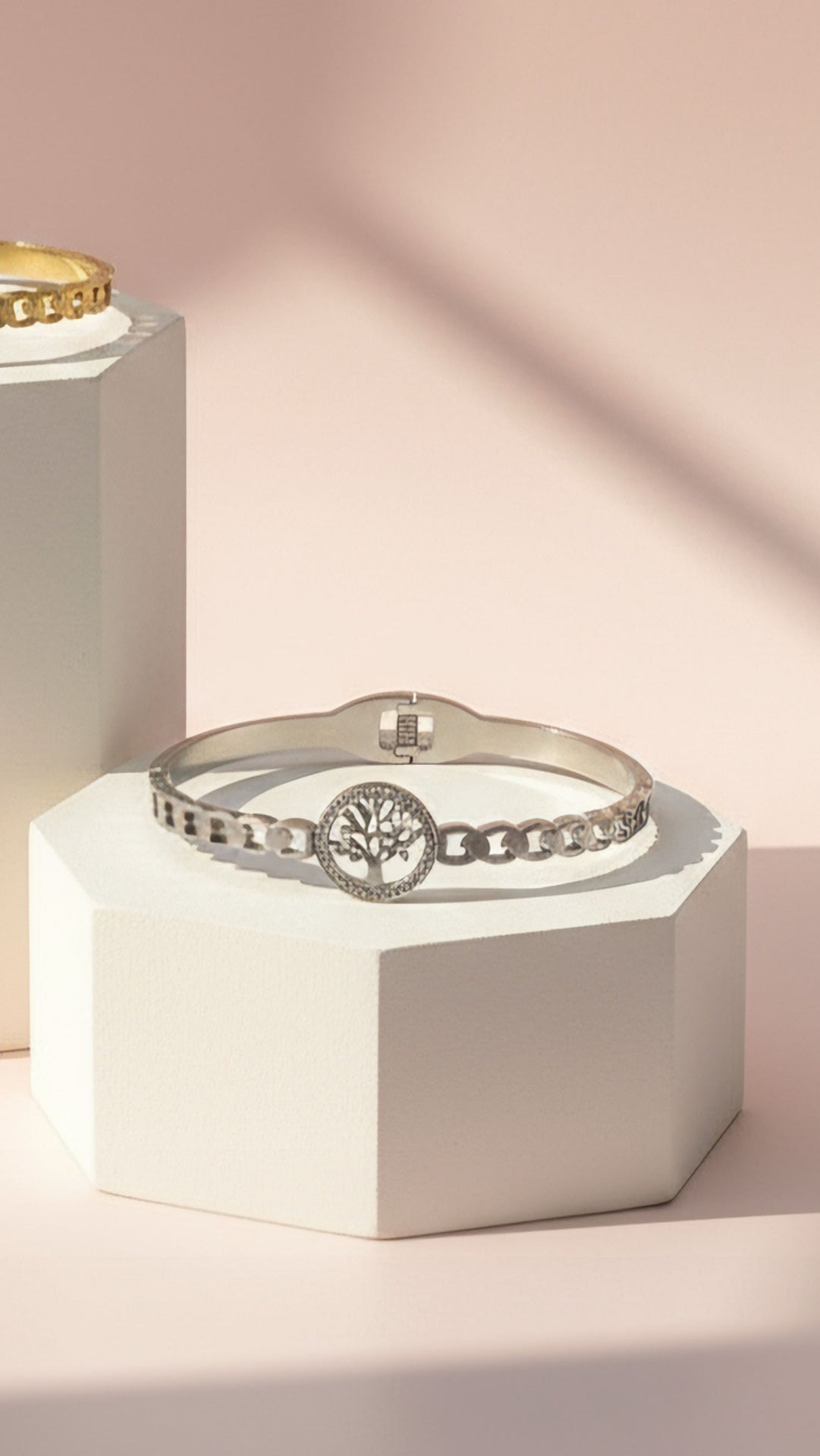 Stainless Steel Tree Of Life Crystal Stacking Bangle